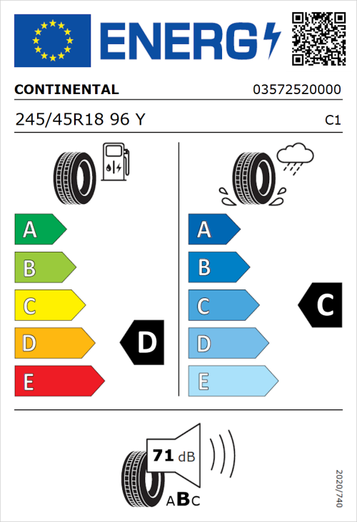 Tyre Label for Continental ContiSportContact 3 SSR 245/45R18 96Y