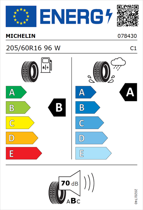 Tyre Label for Michelin Primacy 4+ 205/60R16 96W