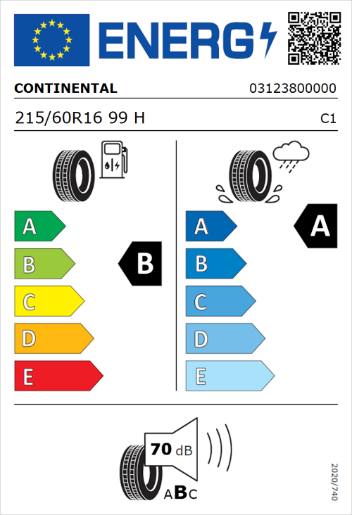 Tyre Label for Continental UltraContact 215/60R16 99H