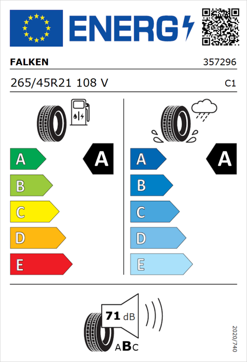 Tyre Label for Falken E.Ziex 265/45R21 108V