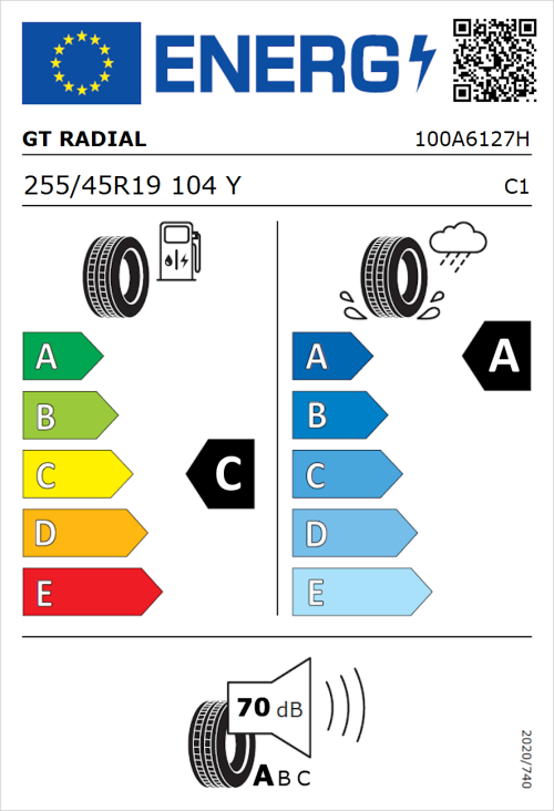Tyre Label for GT Radial SportActive 2 255/45R19 104Y