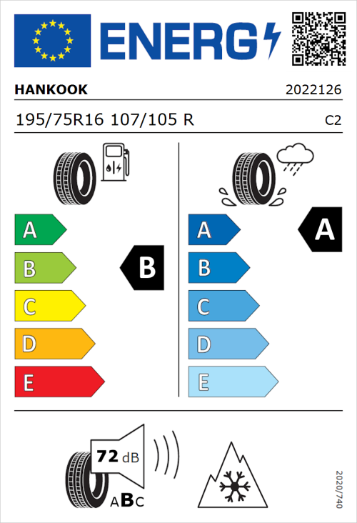 Tyre Label for Hankook Vantra Transit (RA58) 195/75R16 107/105R